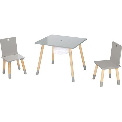 roba Set Tavolo + 2 Sedie per Bambini con Rete Portaoggetti - dai 18 Mesi ai 10 Anni - Leggero e Robusto - Mobili da Salotto per Cameretta - Legno Grigio (1/5)
