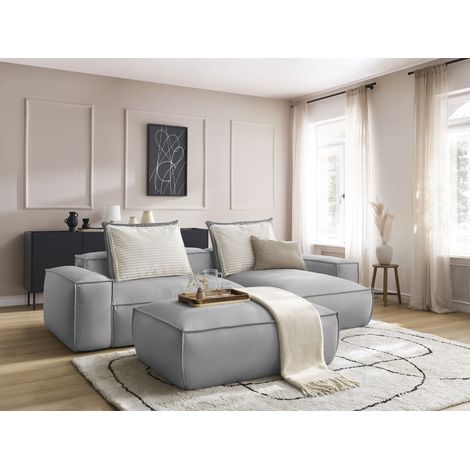 BOBOCHIC - Canapé d'angle réversible ultra moelleux BOHEME cuir végan avec pouf Gris clair (1/5)