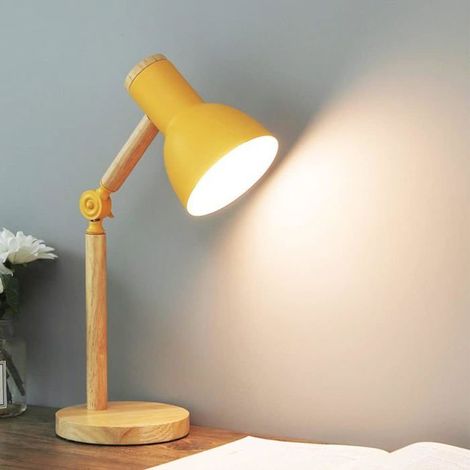 Lampe de table E27 avec bras en bois Lampe de bureau réglable avec interrupteur à poussoir Lampe de lecture classique, lampe de chevet Jaune (1/5)