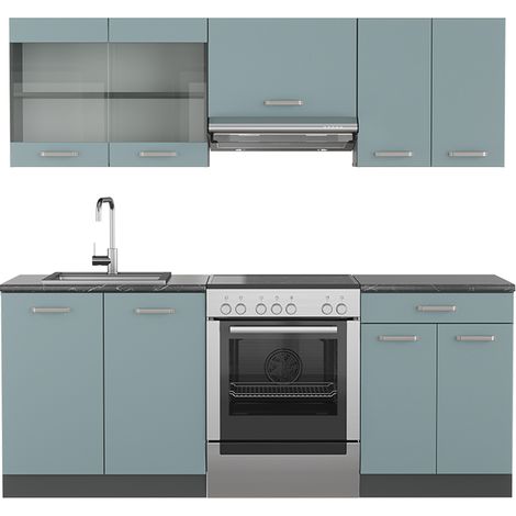 Cucina componibile R-Line, Blu-grigio/antracite, 200 cm , PL Antracite, Vicco