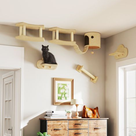 Ensemble d’escalade pour chat en 5 pièces avec griffoirs, montage mural, maison, échelle, plateformes de saut, beige (1/4)
