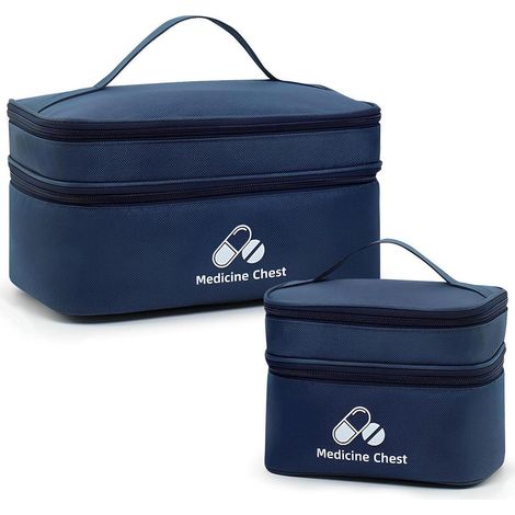 Lot de 2 trousses à médicaments de voyage, double couche, imperméable, bleu