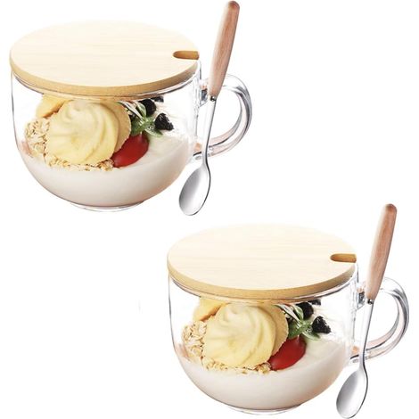 Paquete de dos tazas de café transparentes de 473 ml (16 onzas) con tapa y cuchara, ideales para té de desayuno, leche, bebidas, avena, yogur, etc. (1/5)