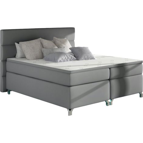 Lit boxspring 180x200 simili cuir gris clair Mador (1/5)