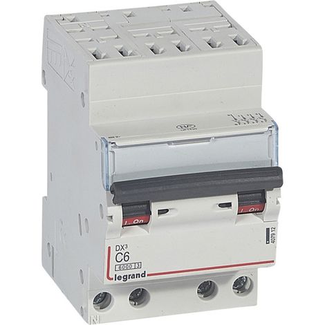 Legrand 407912 Disjoncteur DX³6000 10kA arrivée haute automatique départ bas à vis 4P 400V - 6A - courbe C