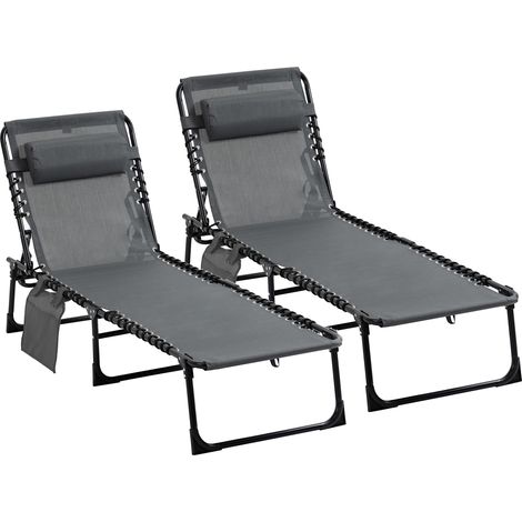 Outsunny pack de 2 tumbonas plegables con respaldo ajustable reposacabezas acolchado bolsillo lateral y estructura de acero 185x58x30 cm gris
