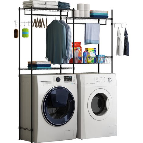 Étagère de rangement pour enfants – 4 niveaux, panier métallique, tringle réglable, crochets latéraux – Gain de place pour buanderie ou salle de bain – Adaptée à la plupart des machines – Couleur : no (1/5)