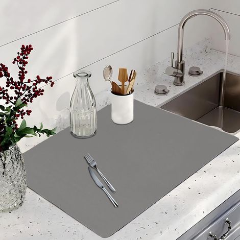 Tappetino scolapiatti 30x40cm, super assorbente, pieghevole, antiscivolo, ad asciugatura rapida per bancone della cucina, bar, macchina da caffè (grigio chiaro) (1/4)