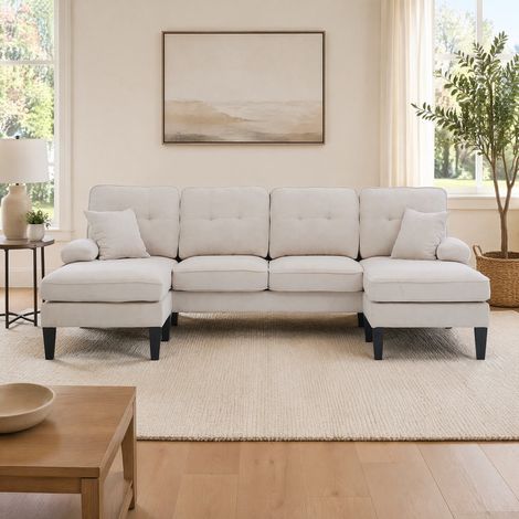 Sofá en U de 4 plazas con dos chaise longues, tejido lino, beige DESVIAE (1/5)
