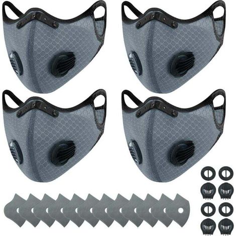 4 reusable, breathable sports dust masks and 12 activated carbon filters, suitable for outdoor activities, woodworking, mowing and running, cycling, grey.