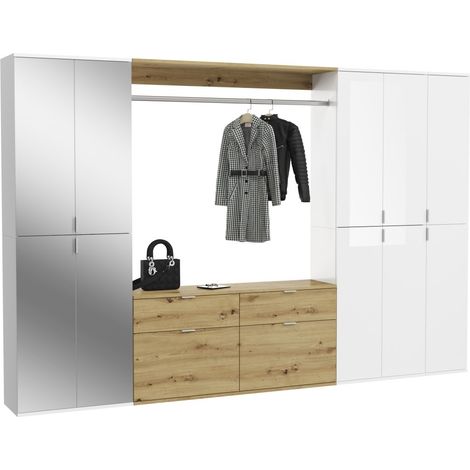 Armario de almacenamiento 10 puertas, 4 espejos, 4 cajones y un armario ropero - Blanco y roble - BODITE