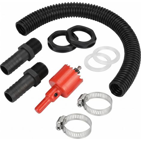 Kit de Raccords pour Tonneaux d'eau de Pluie, pour Trop Plein Cuve 25mm Raccord pour Citernes de Pluie avec Tuyau de Raccordement, Ouvreur de Trou, Collier de Serrage (1/5)