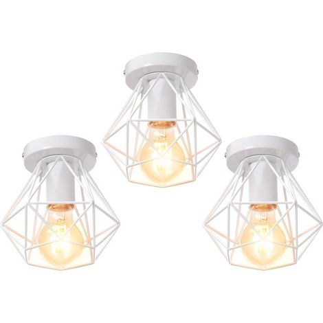 3 Pack Plafonnier Industriel Cage Métal Forme Diamant Lustre Suspension Luminaire Salon Couloir Blanc (1/5)