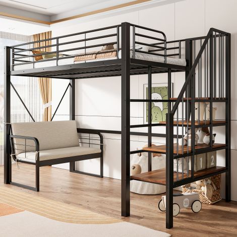 Etagenbett  mit stabilem Metallrahmen, Hochbett mit abnehmbarem Polstersofa, Stauraum und Sicherheitstreppe. Geeignet für Kinder, Jugendliche und Erwachsene