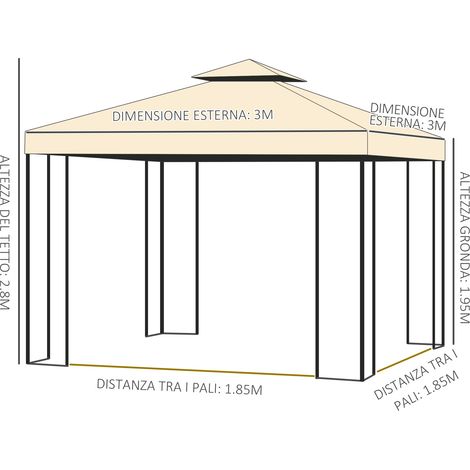 3x3 m großer Gartenpavillon mit Moskitonetz, Stahlrahmen und Doppeldach, Beige
