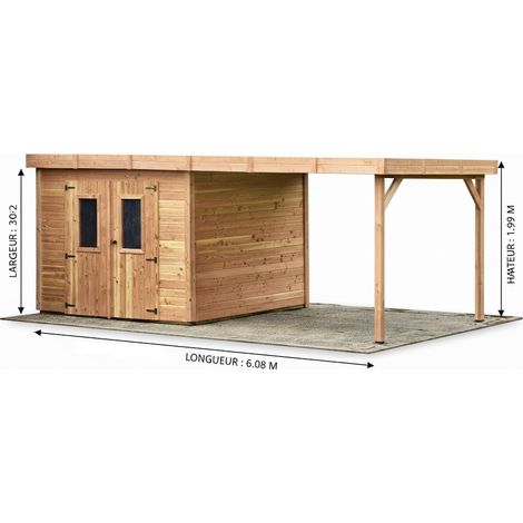 HABRITA Abri de jardin bois avec bûcher 7,53 m² - madriers 28 mm - toit plat polycarbonate - double porte vitrée