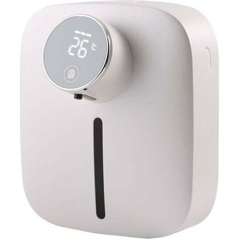 Automatic wall-mounted foam soap dispenser with integrated reservoir, refillable, displays ambient temperature and battery level, IPX4 waterproof, touchless, white (1/5)