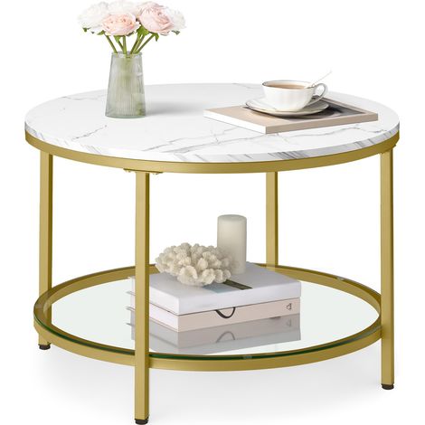 Table Basse, Table de Salon, Façon Marbre, Support en Verre Trempé, Facile à Assembler, Style Moderne, Blanc Marbré et Doré Clair (1/5)