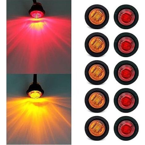 10PCS 3/4" 12V LED Lampe Latérale Ronde pour Camion, Voiture, Bus, Remorque, Caravane, Bateau, Feu Arrière, Feu Stop (Jaune+Rouge) (1/5)