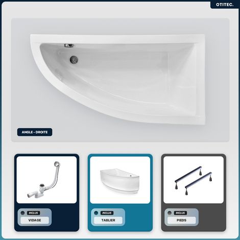 Baignoire asymétrique - 140 x 70 cm - Droite - avec Tablier - Pieds - Vidage Chrome - PRAKTIKA (1/5)