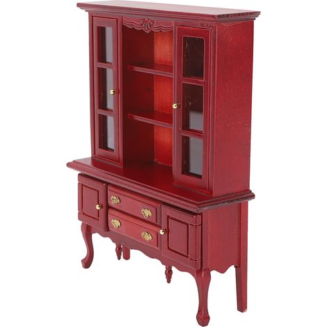 Armoire miniature en bois, échelle 1:12, bibliothèque pour maison de poupée avec porte et tiroir ouvrants, couleur : bois rouge (1/5)