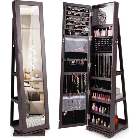 COSTWAY 3-in-1 Jewelry Cabinet 360° Swivel Mirrored Jewelry Armoire-Coffee (1/5)