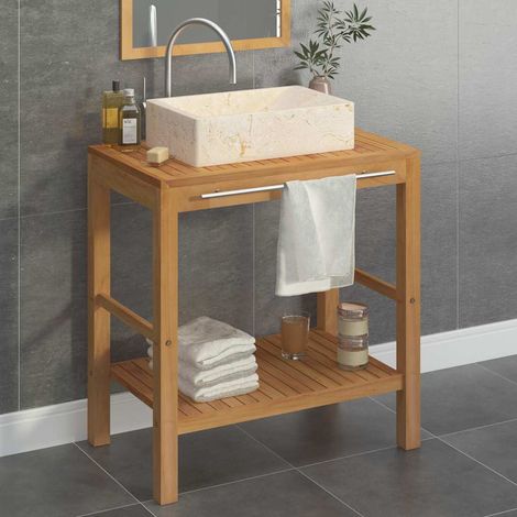 Beyamis Meuble-lavabo en teck massif avec vasque en marbre crème (1/5)