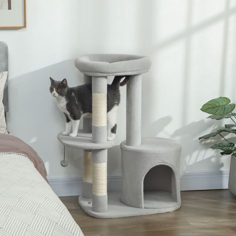 Arbre à chat tour de jeux pour chats griffoirs. plate-forme. niche. balle. tissu peluche. 60 x 45 x 90 cm. gris clair