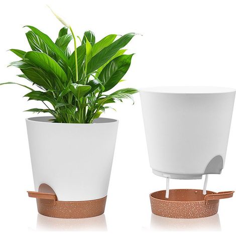 5 Pcs Pots de Fleurs en Plastique, 6 inch Pots à Fleurs/Plantes en Plastique, Auto-Arrosant avec Soucoupe de Fleur Convient aux Jardins de Balcon Intérieurs et Extérieurs(Blanc Marron)- (1/5)