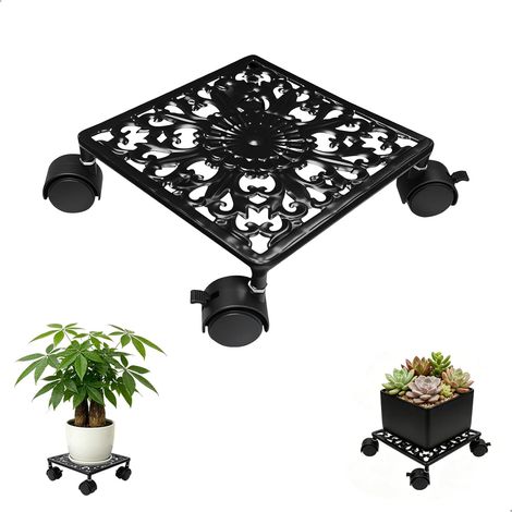 Tabouret Plante Métal, Porte Plante pour Usage Intérieur et Extérieur, Support Plantes Interieur 21.521.57cm, étagère Plante avec Roulettes Pivotantes et Freins, Support Plante Exterieur, Noir (1/5)