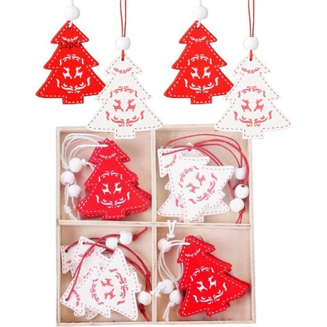 Ornement De Noël En Bois - 12 Pièces Décorations Accrochables Pour Arbre De Noël Porte Fenêtre Cheminée - Blanc Et Rouge (1/5)
