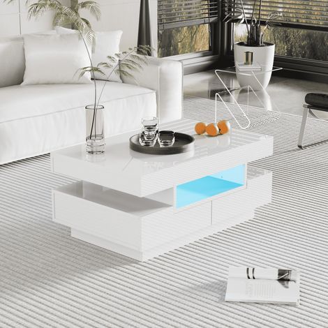 Coffee Table, High-Gloss Surface, with LED Light Strip, Four Drawers Front and Back, Large Storage Space (1/5)