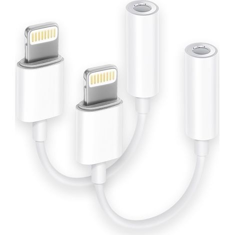 Lot de 2 adaptateurs Lightning vers jack casque 3,5 mm, adaptateur auxiliaire pour Adapté à iPhone, convertisseur audio compatible avec Adapté à iPhone 14, 13, 12, 11, X, XS, 8, 7 (1/5)