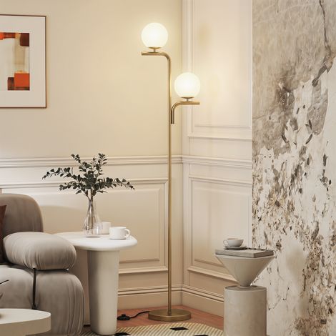 Lampadaire LED doré 3 températures de couleur, abat‑jours boule en verre, interrupteur à pied (1/5)
