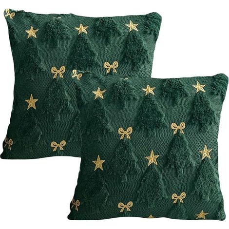 Housse de coussin brodée avec motif papillon et étoile à cinq branches, Taie d'oreiller en peluche douce motif sapin de Noël pour salon, chambre à coucher nœud vert 45×45CM (1/5)