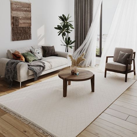 Tapis en laine NordicNook - Tapis en laine  - 290x190cm, Rectangular - 80% Laine vierge, 20% Coton - Tissé main - Blanc