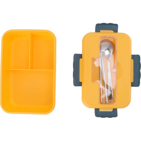 Unterteilte japanische Bento-Box aus Weizenstroh, isolierte Lunchbox für Schüler und Angestellte, mikrowellengeeignet, Deckel inklusive, leuchtend gelbe Farbe, inklusive Besteck. (1/5)