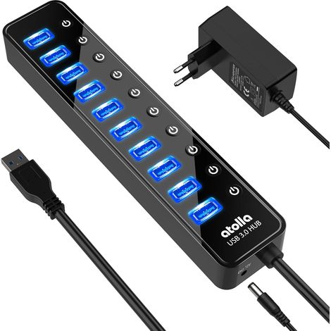 Hub USB Alimenté, Hub USB 3.0 Multiprise 10Ports avec de commutateurs et des LED d'alimentation individuels Adaptateur 12V/2.5A pour Le Clavier, la Souris, l’imprimante, Les Pilotes durs, etc. (1/5)