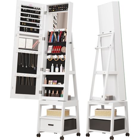 Armoire à bijoux sur pied pivotante 360° avec miroir pleine longueur - Verrouillable - Grand capacité, tiroir bas, étagères arrière, roulettes - Blanc (1/5)