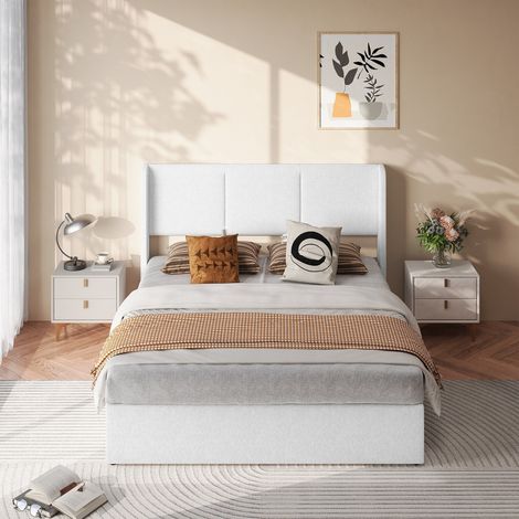 Lit Coffre 140x190 cm, Lit Double avec Hydraulique Rangement, Tête de Lit Capitonnée, Sommier à Lattes, Tissu Lin gris (1/5)