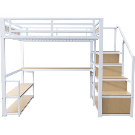 Lit mezzanine métallique 140x200 cm avec échelle rangement, étagères et table, garde-corps sécurité, structure métal stable, blanc, matelas non inclus (1/5)