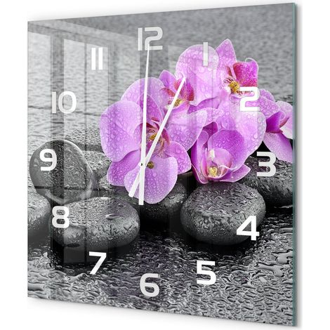 Grande Horloge Murale Carrée Verre Trempé Chiffres Lisibles Silencieuse Moderne Orchidée et pierres 60x60 cm (1/5)