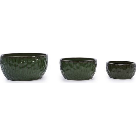 Set de 3 macetas de cerámica esmaltada verde con efecto martillado, con orificio de drenaje (1/5)