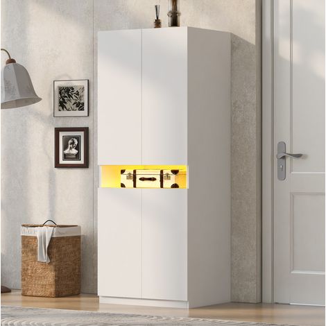 Armario 70x55x180 cm de 2 puertas con estante LED, amplio espacio y barra para colgar, estructura estable de MDF - blanco (1/5)