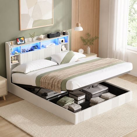 Lit Coffre 140x200 cm, Lit Double avec Éclairage LED et USB, Lit Adulte avec Rangement et Tete de Lit, Adolescents, Rangement Hydraulique, Lin, sans Matelas, Beige (1/5)