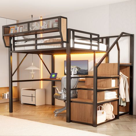 Lit mezzanine 140x200 cm - Lit enfant en métal 140x200 - Grand bureau 2m bandeau LED prises intégrées échelle et étagères - Noir (1/5)