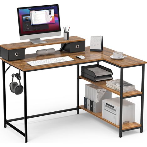 Mondeer – Bureau d'angle en L avec 2 étagères 120x88.5x90cm – Panneaux de particules E1 – Capacité 70kg – Patins ajustables pour stabilité (1/5)
