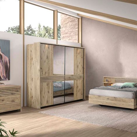 Chambre complète lit 180x200cm + tête de lit avec chevet et leds + commode + armoire aspect bois et noir - NIKITA