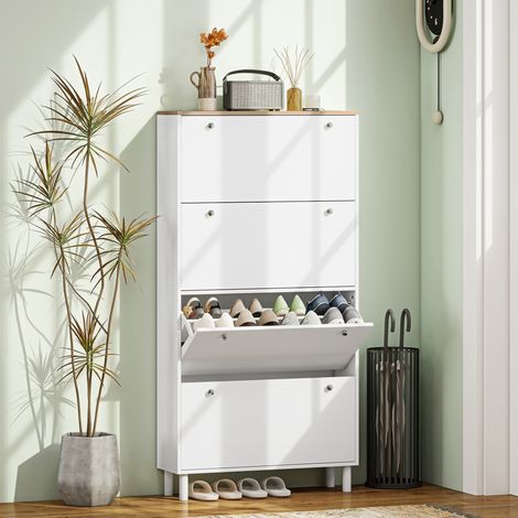 Porte-chaussures Slim avec 4 tiroirs rétractables et tablettes réglables pour 24-32 chaussures, 80x23.5x157 cm, Blanc (1/5)