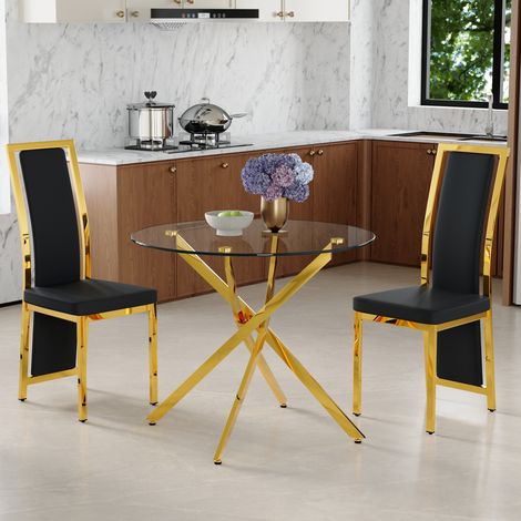 Esstisch Set rund 88 cm mit 2 Stühlen Glas Metall OKMYHOME (1/5)